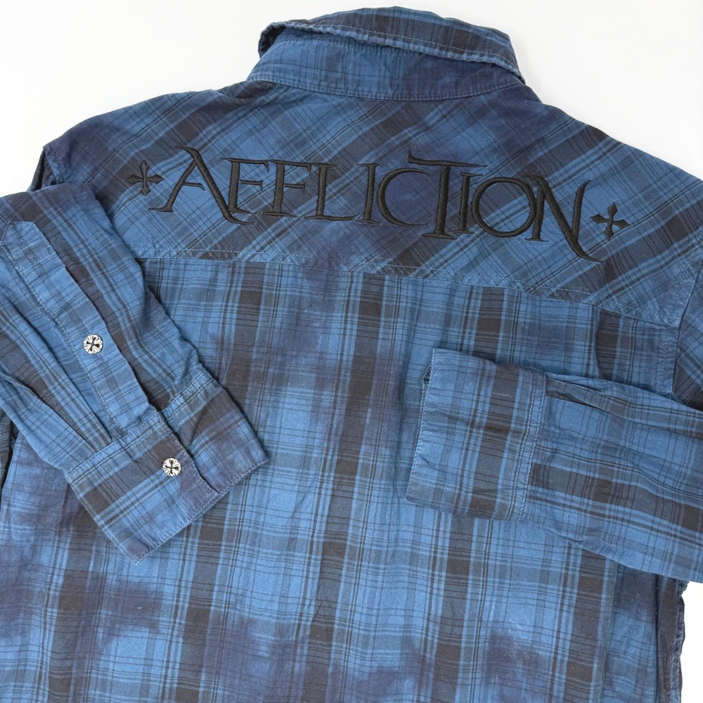 Affliction Mens Blue Plaid Embroidered Logo Snap Button Down Shirt Small Epaulet